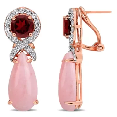 Pink Opal Garnet White Topaz Earrings in Rose Plated Sterling Silver