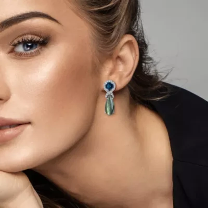 Labradorite, London Blue & White Topaz Earrings in Sterling Silver