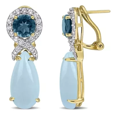 Aquamarine, London Blue & White Topaz Earrings in Yellow Plated Sterling Silver