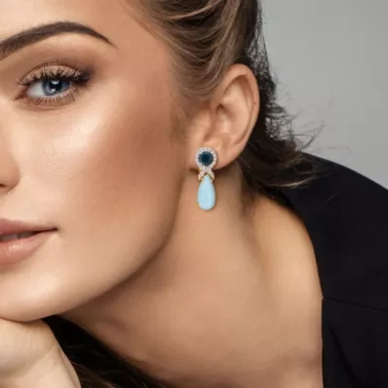 Aquamarine, London Blue & White Topaz Earrings in Yellow Plated Sterling Silver