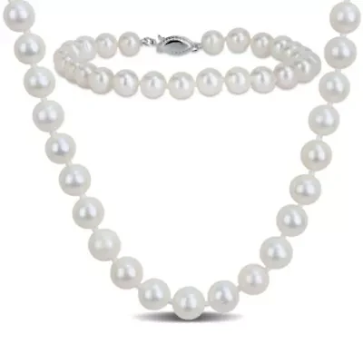 2 Pc Set of 7-7.5mm Freshwater Cultured Pearl Necklace & Bracelet in Sterling Silver