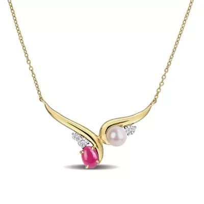 Lab Created Created Ruby, Created White Sapphire & 6-6.5mm Freshwater Cultured Pearl Necklace in Yellow Plated Sterling Silver, 18-in
