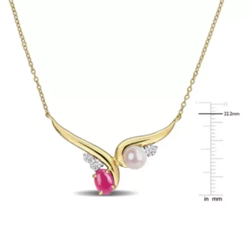 Lab Created Created Ruby, Created White Sapphire & 6-6.5mm Freshwater Cultured Pearl Necklace in Yellow Plated Sterling Silver, 18-in