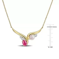 Lab Created Created Ruby, Created White Sapphire & 6-6.5mm Freshwater Cultured Pearl Necklace in Yellow Plated Sterling Silver, 18-in