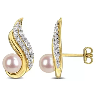 White Topaz & 6-6.5mm White Freshwater Cultured Pearl Post Earrings in Yellow Plated Sterling Silver