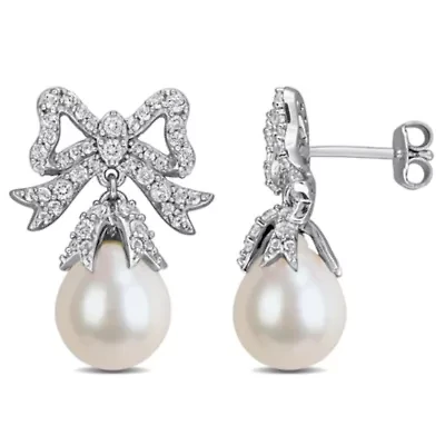 White Topaz & 9.5-10mm White Freshwater Cultured Pearl Post Earrings in Sterling Silver