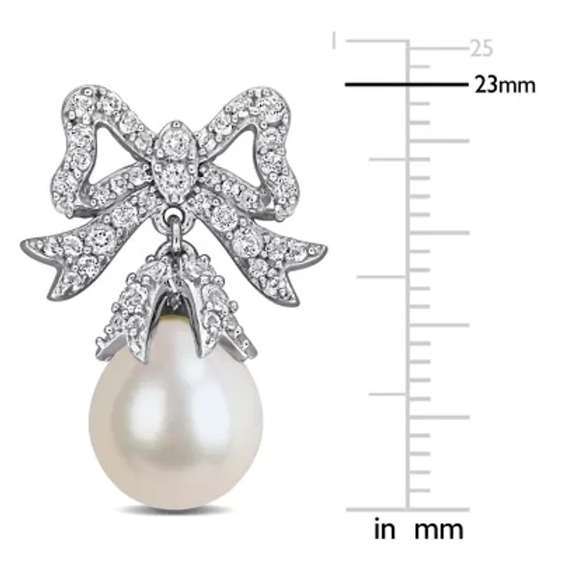 White Topaz & 9.5-10mm White Freshwater Cultured Pearl Post Earrings in Sterling Silver
