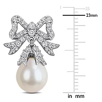 White Topaz & 9.5-10mm White Freshwater Cultured Pearl Post Earrings in Sterling Silver