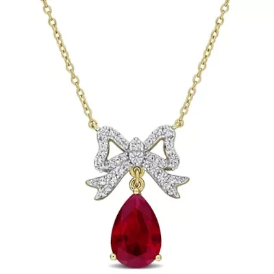 Created White Sapphire Created Ruby Necklace in Yellow Plated Sterling Silver, 17-in
