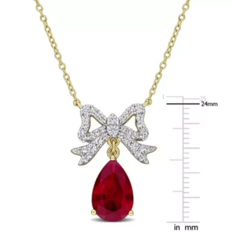 Created White Sapphire Created Ruby Necklace in Yellow Plated Sterling Silver, 17-in