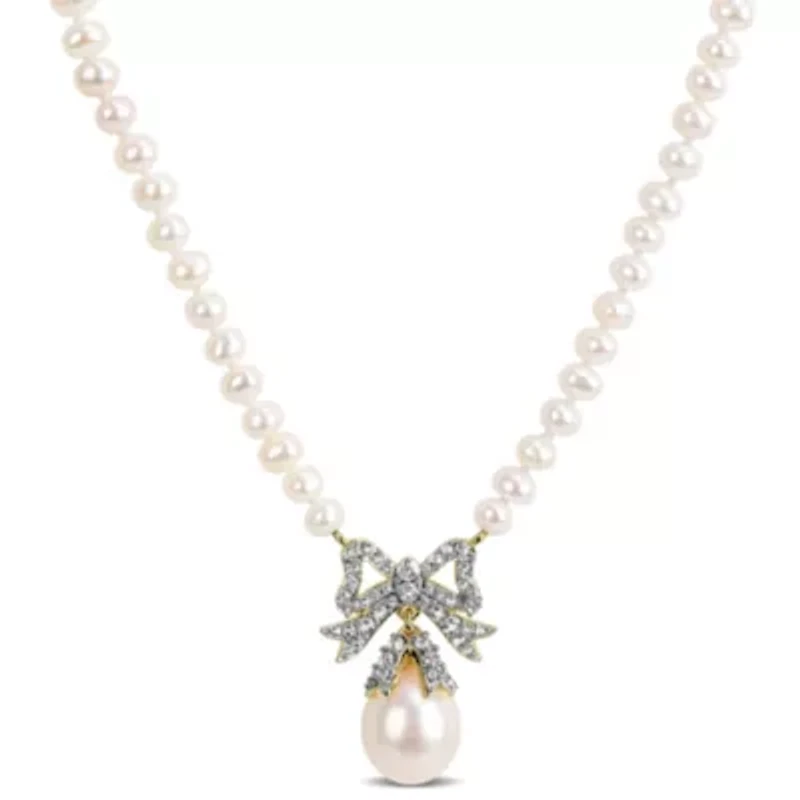 White Topaz & 3.5-10mm Freshwater Cultured Pearl Necklace in Yellow Plated Sterling Silver, 16+2 Ext.