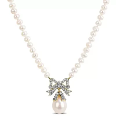 White Topaz & 3.5-10mm Freshwater Cultured Pearl Necklace in Yellow Plated Sterling Silver, 16+2 Ext.