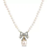 White Topaz & 3.5-10mm Freshwater Cultured Pearl Necklace in Yellow Plated Sterling Silver, 16+2 Ext.