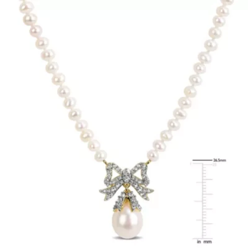 White Topaz & 3.5-10mm Freshwater Cultured Pearl Necklace in Yellow Plated Sterling Silver, 16+2 Ext.