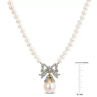 White Topaz & 3.5-10mm Freshwater Cultured Pearl Necklace in Yellow Plated Sterling Silver, 16+2 Ext.