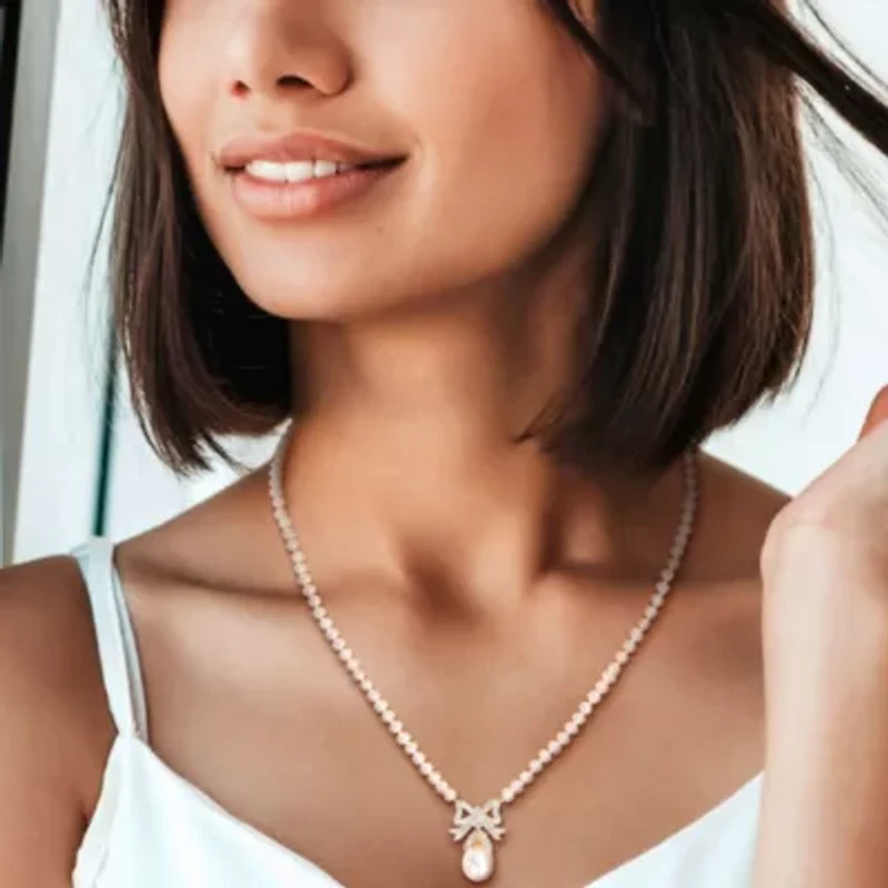 White Topaz & 3.5-10mm Freshwater Cultured Pearl Necklace in Yellow Plated Sterling Silver, 16+2 Ext.
