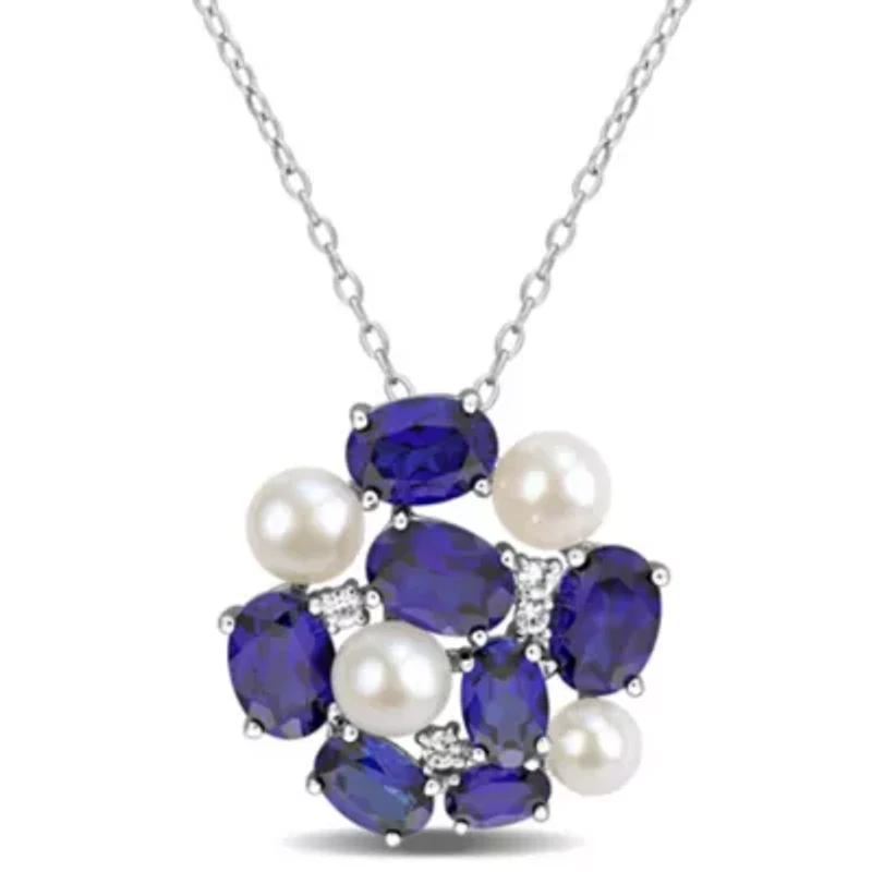 Lab Created Created Blue & White Sapphire &  4.5-5mm Freshwater Cultured Pearl Pendant With Chain in Sterling Silver, 18-in