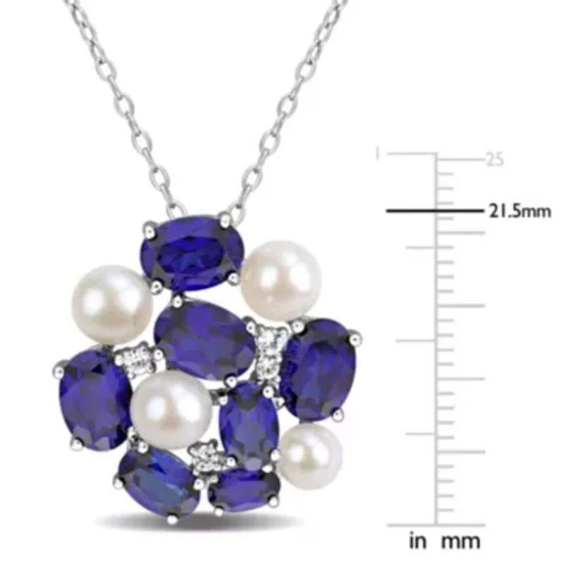 Lab Created Created Blue & White Sapphire &  4.5-5mm Freshwater Cultured Pearl Pendant With Chain in Sterling Silver, 18-in