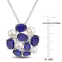 Lab Created Created Blue & White Sapphire &  4.5-5mm Freshwater Cultured Pearl Pendant With Chain in Sterling Silver, 18-in
