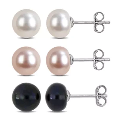 3 Pc Set of 7-8mm Pink, White & Black Button Freshwater Cultured Pearl Earrings in Sterling Silver