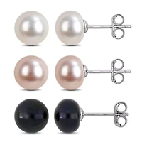 3 Pc Set of 7-8mm Pink, White & Black Button Freshwater Cultured Pearl Earrings in Sterling Silver