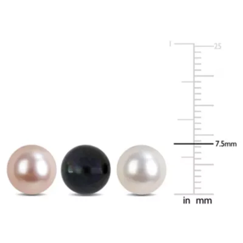 3 Pc Set of 7-8mm Pink, White & Black Button Freshwater Cultured Pearl Earrings in Sterling Silver