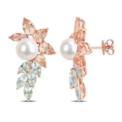 Aquamarine Morganite & 7.5-8 mm White Freshwater Cultured Pearl Post Earrings in 14k Rose Gold