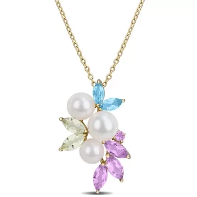 Swiss Blue Topaz Green Quartz, Rose de France & 5-7mm Freshwater Cultured Pearl Pendant With Chain in Yellow Plated Sterling Silver, 17-in