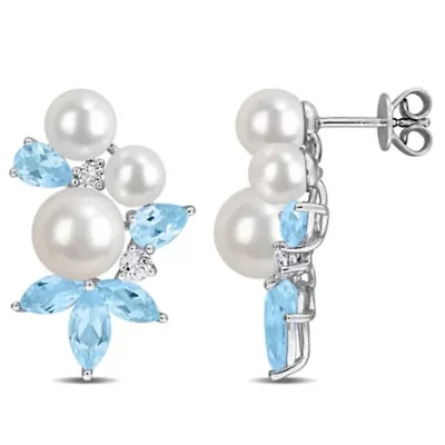 Sky Blue Topaz White Topaz & 5-6.5mmFreshwater Cultured Pearl Post Earrings in Sterling Silver