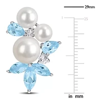 Sky Blue Topaz White Topaz & 5-6.5mmFreshwater Cultured Pearl Post Earrings in Sterling Silver
