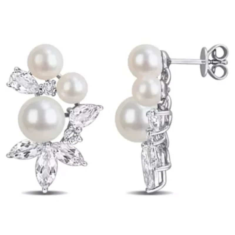 White Topaz & 5.5-6.5mm Freshwater Cultured Pearl Post Earrings in Sterling Silver