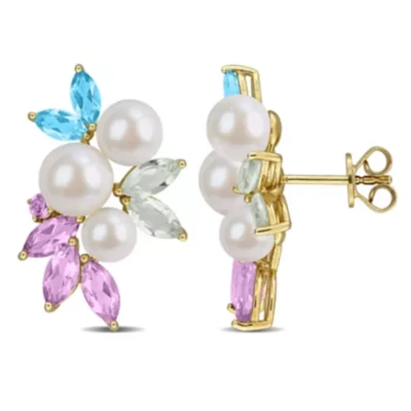 Multi-Gemstone & 6.5-8mm Freshwater Cultured Pearl Post Earrings in Yellow Plated Sterling Silver