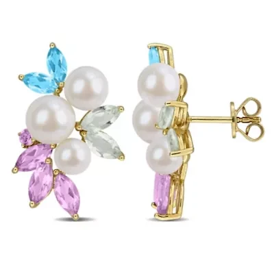 Multi-Gemstone & 6.5-8mm Freshwater Cultured Pearl Post Earrings in Yellow Plated Sterling Silver