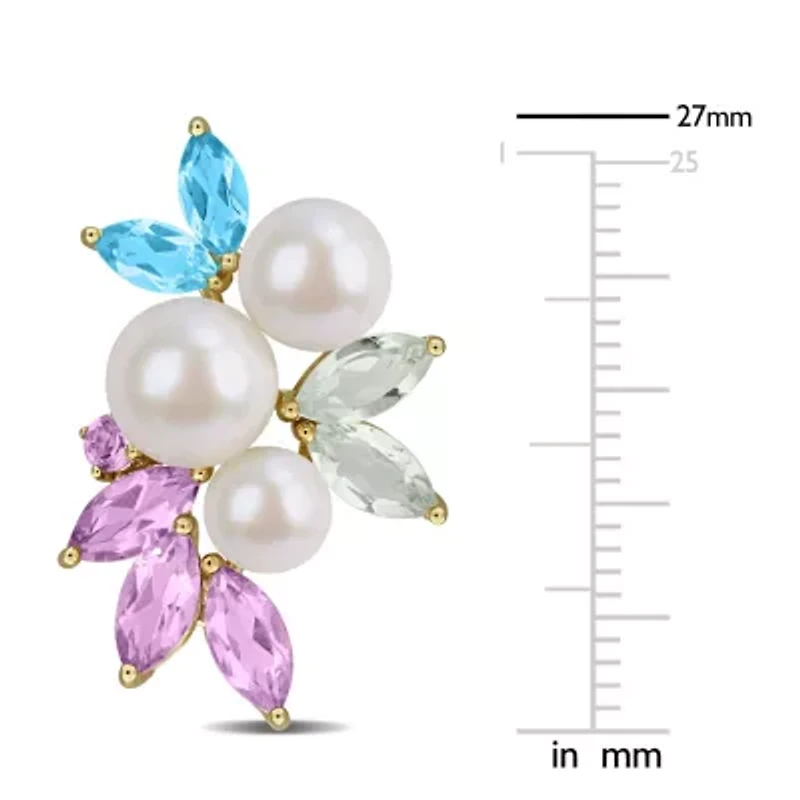 Multi-Gemstone & 6.5-8mm Freshwater Cultured Pearl Post Earrings in Yellow Plated Sterling Silver