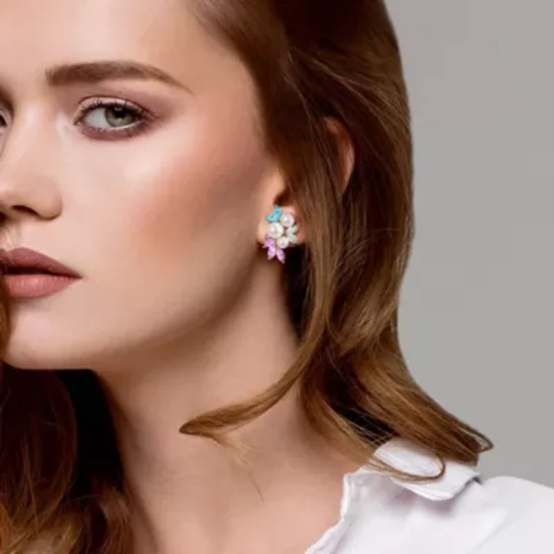 Multi-Gemstone & 6.5-8mm Freshwater Cultured Pearl Post Earrings in Yellow Plated Sterling Silver
