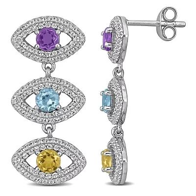 Amethyst Sky Blue Topaz Citrine Created White Sapphire Drop Earrings in Sterling Silver