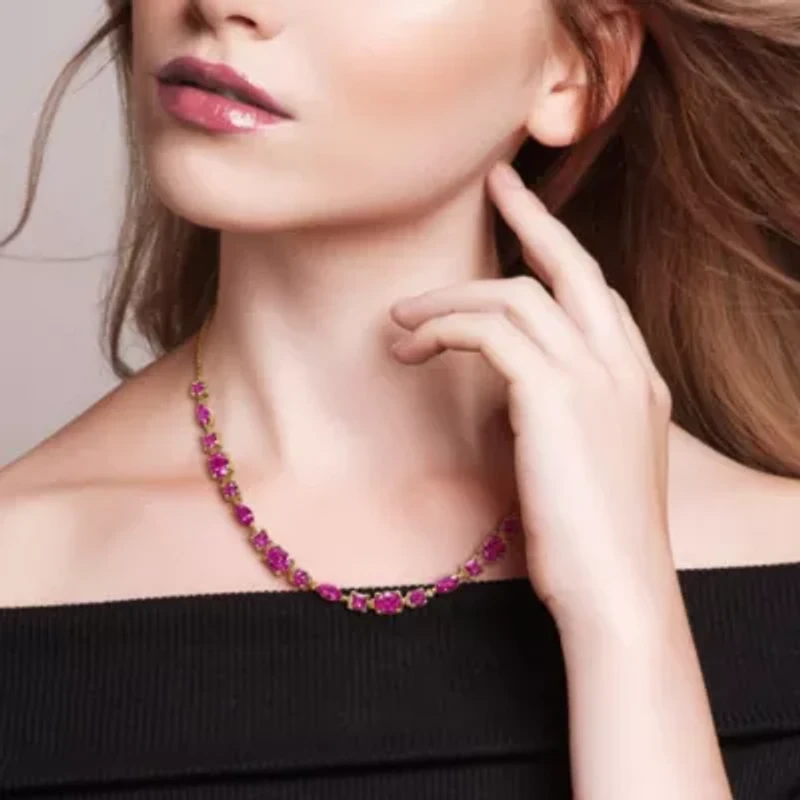 Lab Created Created Pink Sapphire Necklace in Yellow Plated Sterling Silver, 18"+1"ext