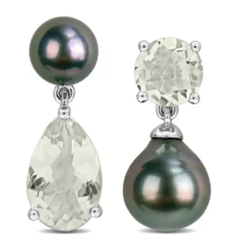 Green Quartz & Black Tahitian Cultured Pearl Earrings in Sterling Silver