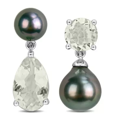 Green Quartz & Black Tahitian Cultured Pearl Earrings in Sterling Silver