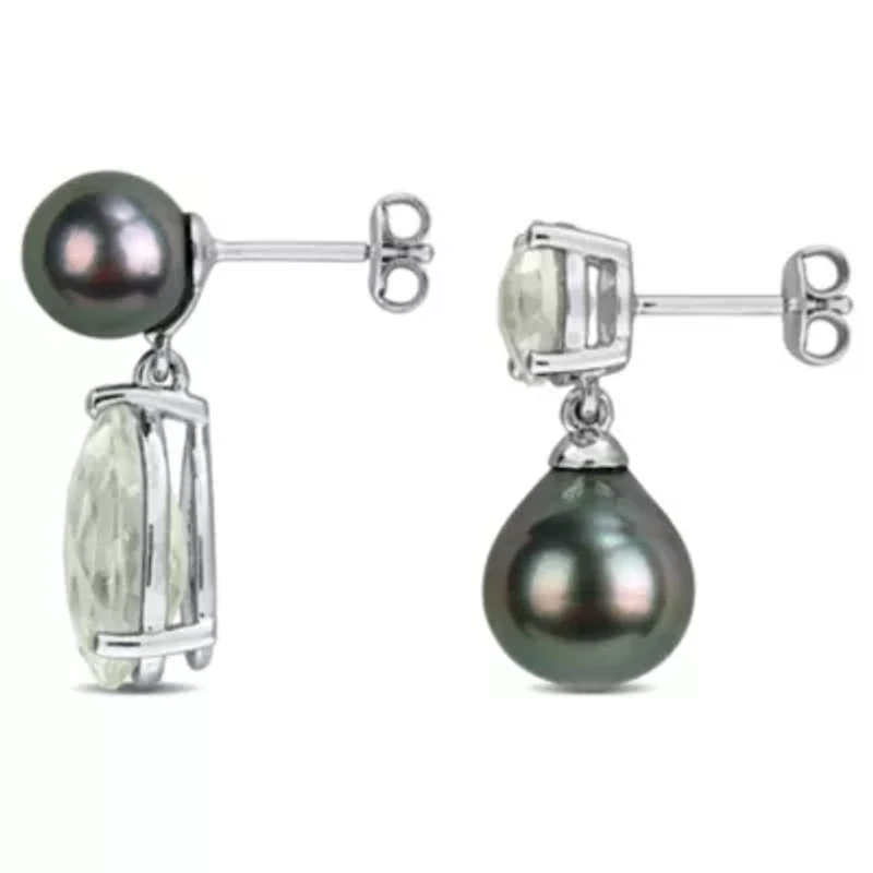 Green Quartz & Black Tahitian Cultured Pearl Earrings in Sterling Silver
