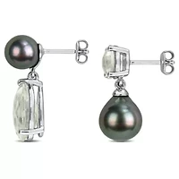 Green Quartz & Black Tahitian Cultured Pearl Earrings in Sterling Silver