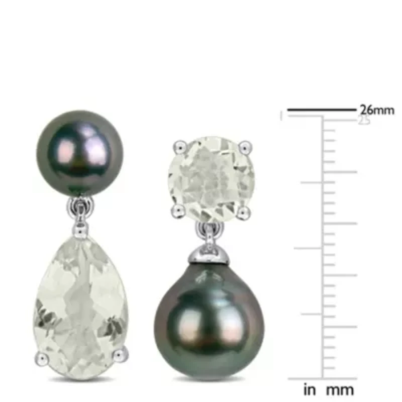 Green Quartz & Black Tahitian Cultured Pearl Earrings in Sterling Silver