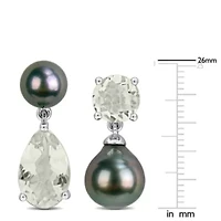 Green Quartz & Black Tahitian Cultured Pearl Earrings in Sterling Silver