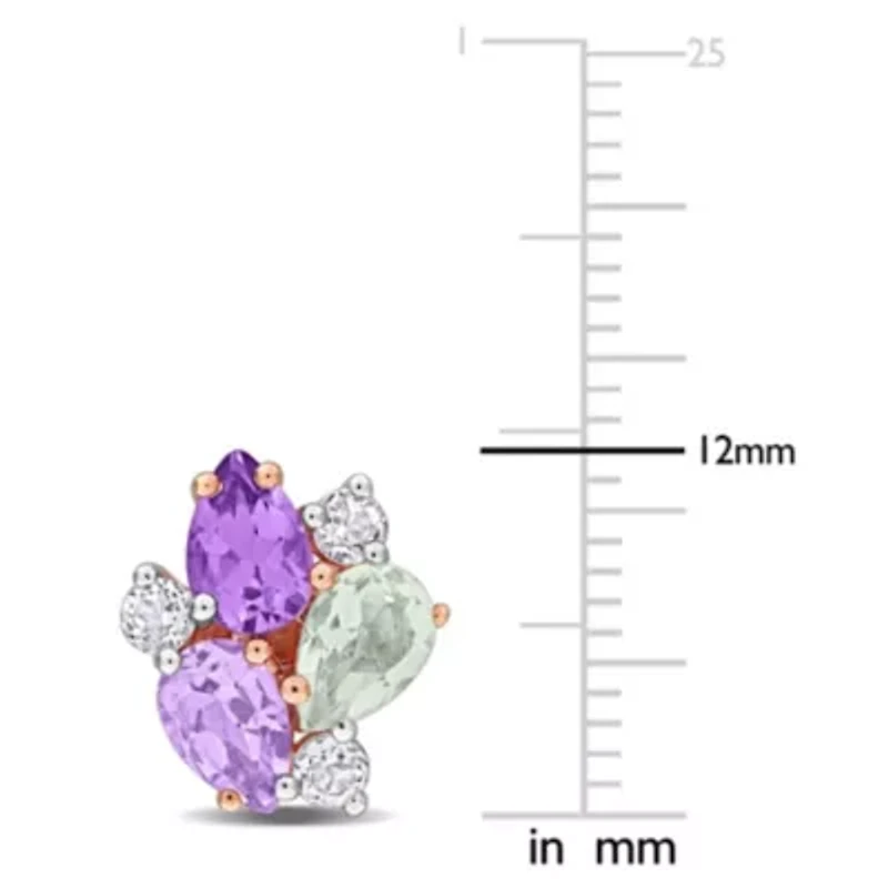 Green Quartz, Rose de France, Amethyst & White Topaz Earrings in Rose Plated Sterling Silver