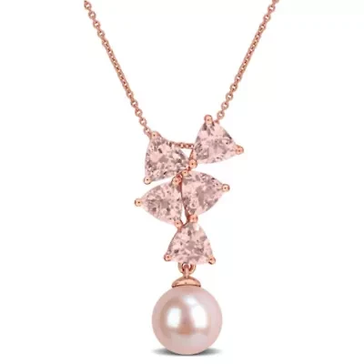 Morganite & 8-8.5mm Pink Freshwater Cultured Pearl Pendant With Chain in 10k Rose Gold, 17-in