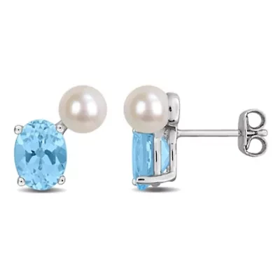 Sky Blue Topaz & 5.5-6mm White Freshwater Cultured Pearl Post Earrings in Sterling Silver