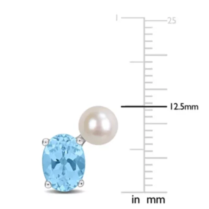 Sky Blue Topaz & 5.5-6mm White Freshwater Cultured Pearl Post Earrings in Sterling Silver