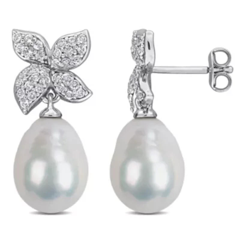 White Topaz & 9-10mm Freshwater Cultured Pearl Post Earrings in Sterling Silver
