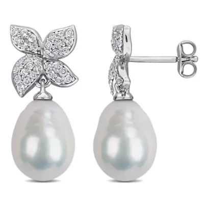 White Topaz & 9-10mm Freshwater Cultured Pearl Post Earrings in Sterling Silver