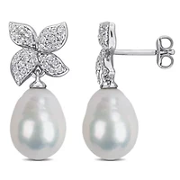 White Topaz & 9-10mm Freshwater Cultured Pearl Post Earrings in Sterling Silver